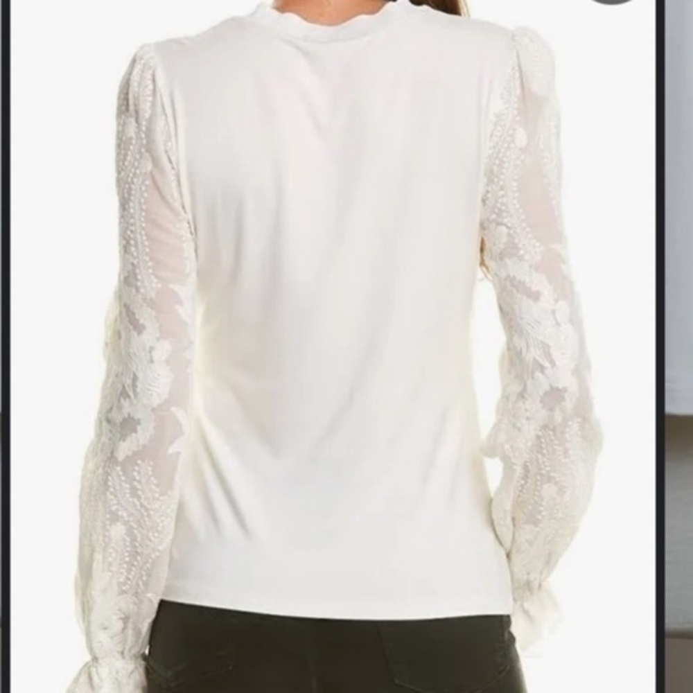 Elie Tahari Hamani Knit Lace Sleeve Crewneck Top​ - Picture 2 of 7